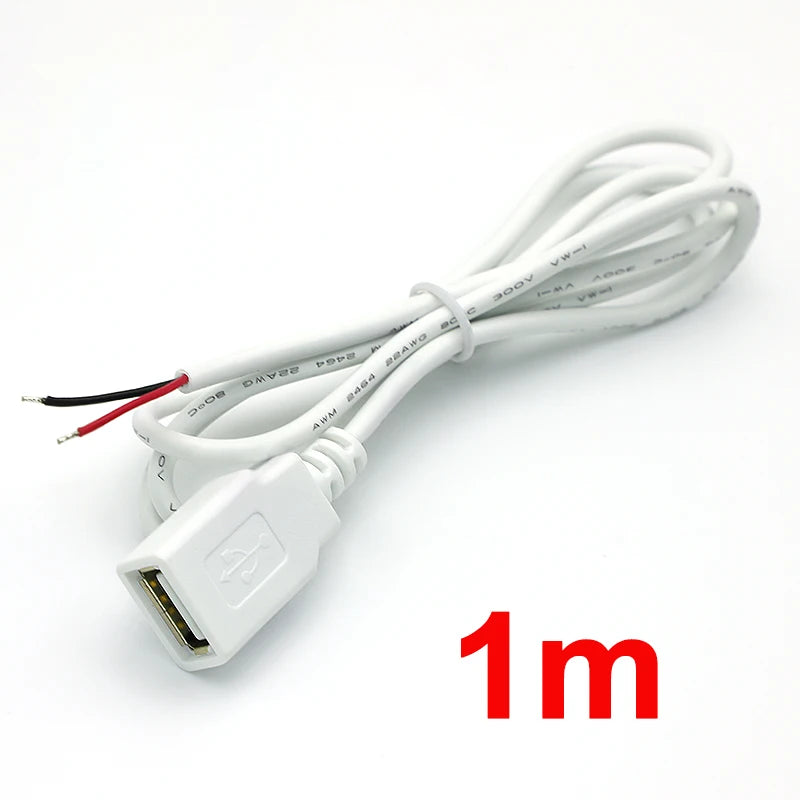 0.3m/1m/2m USB Power Supply Cable 2 Pin USB 2.0 A Female Male Charger Charging Cord Extension Connector DIY White Wire