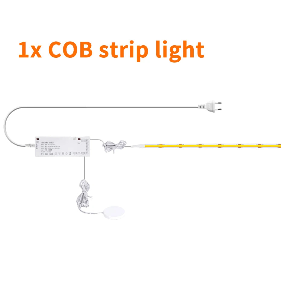 24V COB LED Strip with EU/US/AU/UK Plug Touch Dimmer Switch Adhesive Backing for Cabinets Shelf Closet Kitchen Lighting 1-6pcs