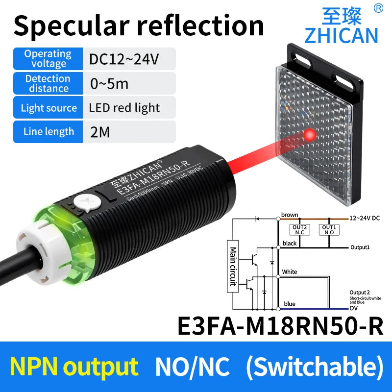 ZHICAN E3FA M18 Cylindrical Photoelectric Sensor Long Range Diffuse Reflective Through Beam Retro Reflective NPN PNP