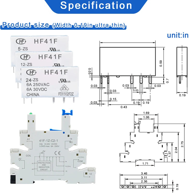 1PCS Slim Relay HF-41F 5V 12V 24V High Frequency Relay Base DIN Rail Relay 41F-5-ZS41F-12-ZS41F-24-ZS LED 6A