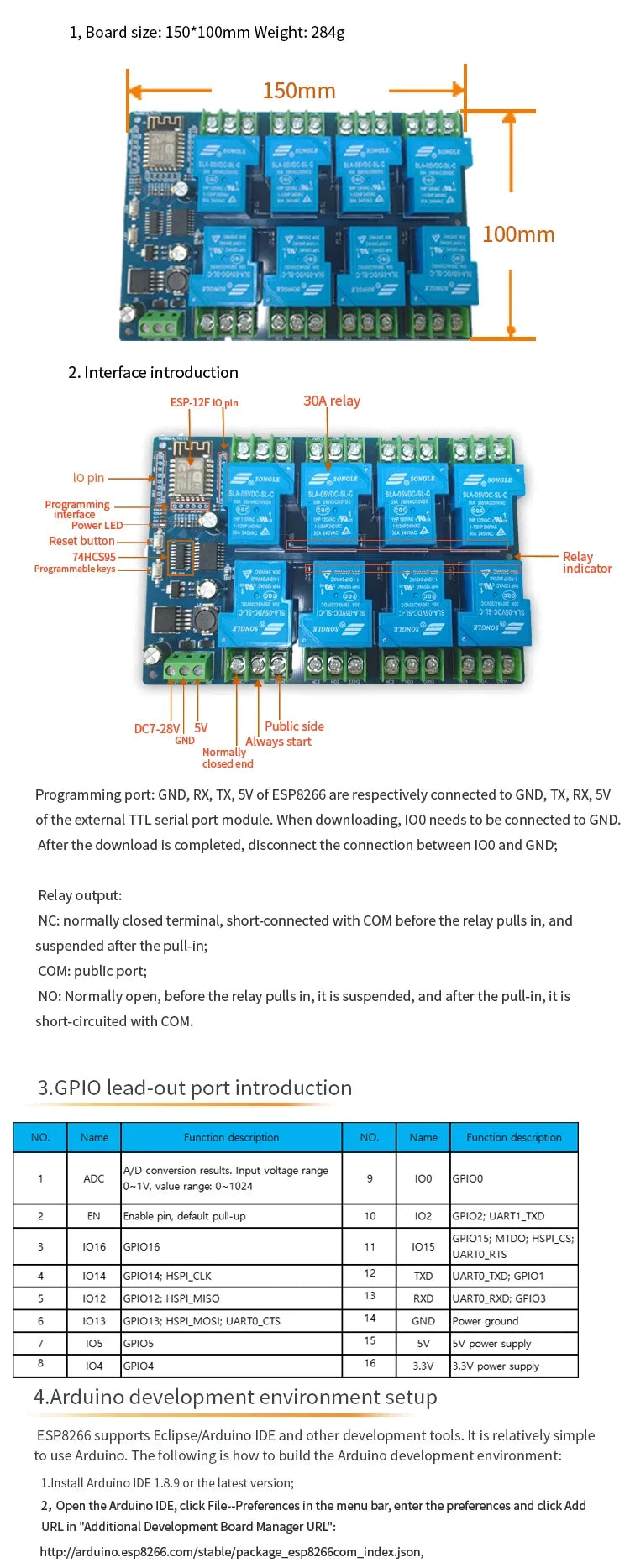DC5V/7-28V Power Supply ESP8266 30A 8 Way WiFi Relay Module ESP-12F 8 Channel Development Board
