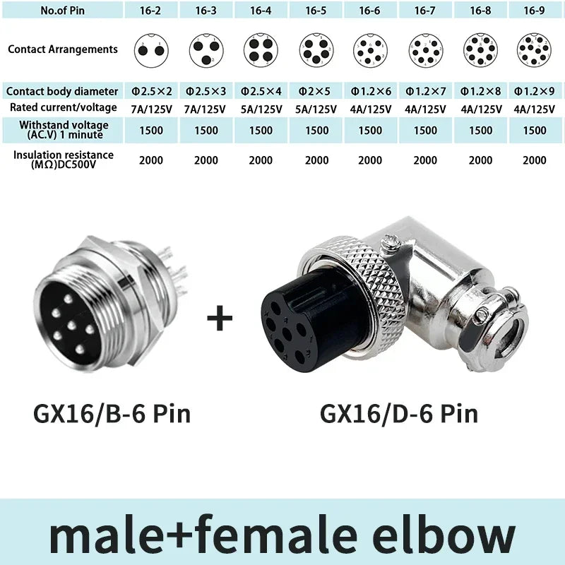 GX16 90 Degree Right Angle 16mm Aviation Connector Elbow M16-2 3 4 5 6 7 8 9 10 Pin  Female Plug Male Chassis Mount Socket