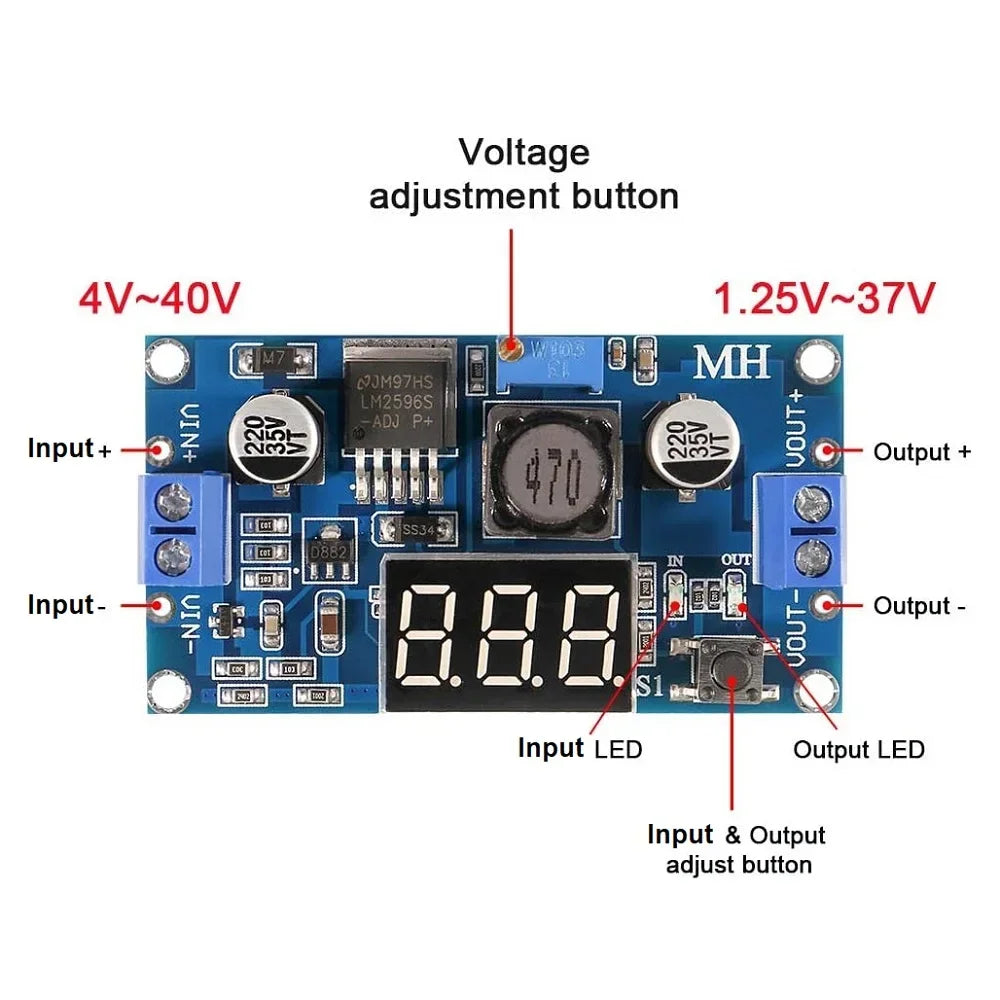 LM2596S DC DC Buck Converter Wide Voltage 3-40V To 1 5-35V Adjustable Module With LED Voltmeter Display For Car DIY Electronics