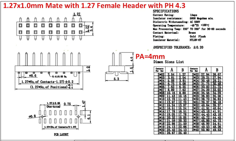 100pcs 1.27mm 2*2/3/4/5/6/8/40/50P Double Row Straight/RA 90d/Vertical SMD/Horizontal RASMT Gold-Plated Rohs PCB Male Pin Header