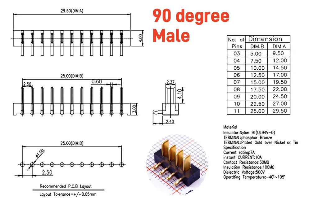 5/20 Pcs Pitch 2.5 MM 8 Positions Female Blade Socket Receptacle Male Header Battery Connector Right Angle Through Holes 7A