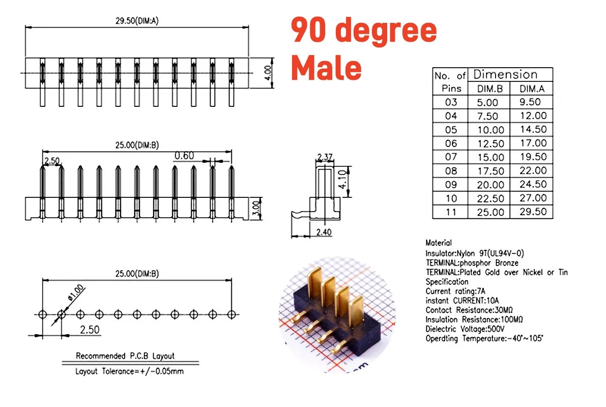 5/20 Pcs Pitch 2.5 MM 8 Positions Female Blade Socket Receptacle Male Header Battery Connector Right Angle Through Holes 7A