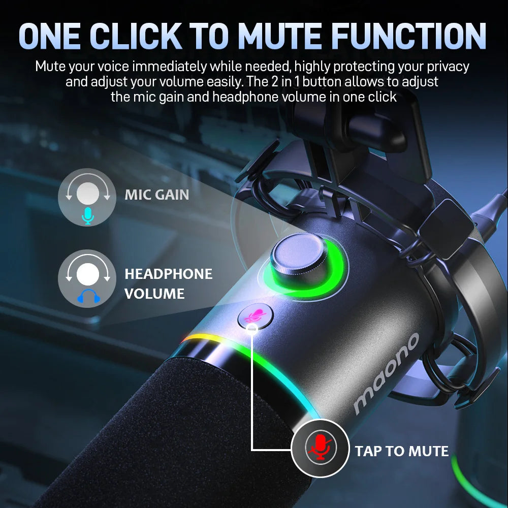 MAONO PD200X XLR/USB Dynamic Microphone for PC RGB Gaming Streaming Microphone with MAONO Link Software Mute Gain Knob Volume Control and Headphone Jack for Streaming Podcasting Recording Gaming Video