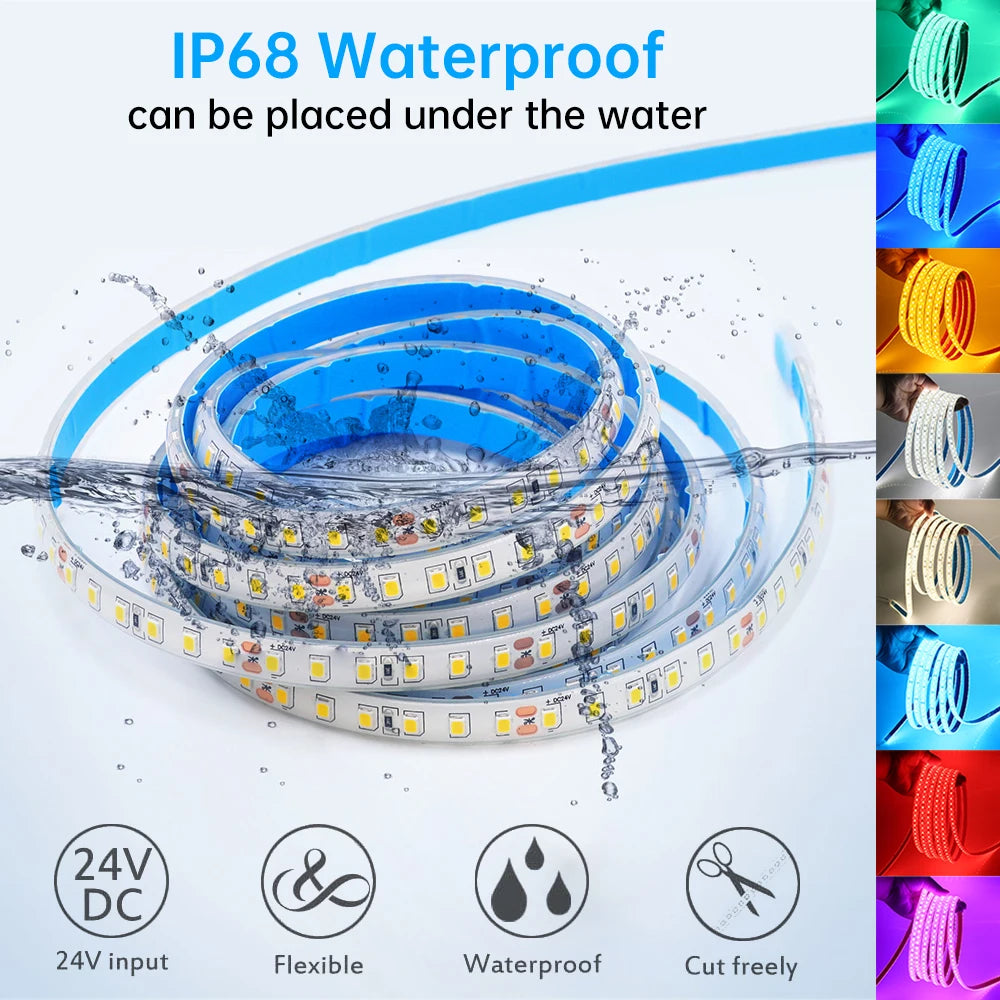 24V IP68 Waterproof LED Strip 120Leds White/Pink/Yellow/Red/Ice Blue/Green Swimming Pool Home Decor Flexible Ribbon Rope Light
