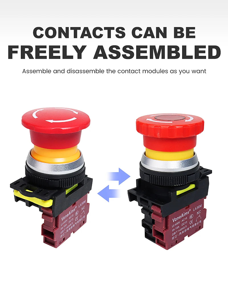 30mm LA36M Plastic Mushroom E-stop Switch Emergency Stop Push Button Switch Latching Self Locked with Red LED Light 12v 24v 220v