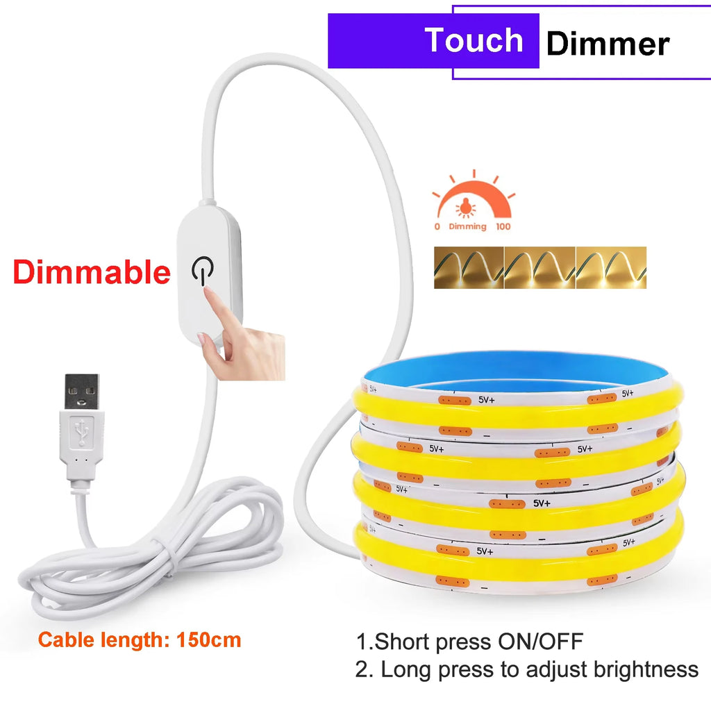 5V Flexible COB LED Strip Light 320LEDs/m White/Red/Blue/Green USB Power with Dimmer/Switch Adhesive Tape Cabinet Room Lighting