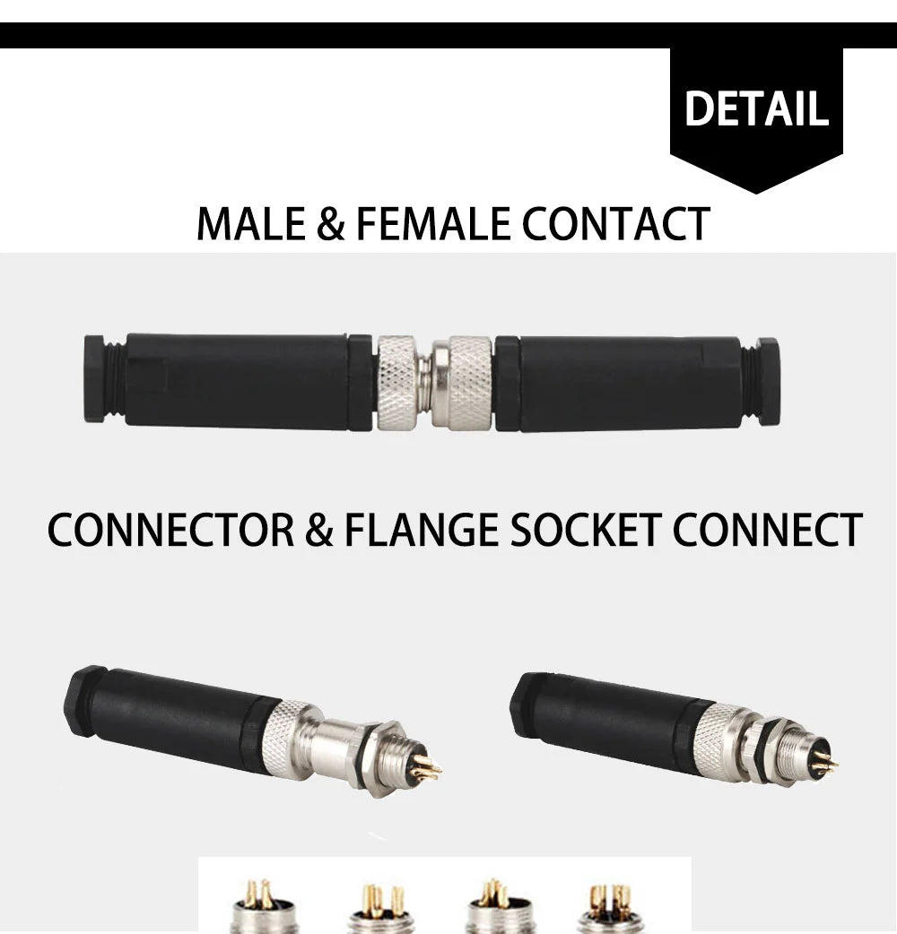 Cloweit M8 Sensor Connector Waterproof Male&Female Plug Straight Angle Screw Threaded Coupling 3pin 4p Panel Mount Flange Socket