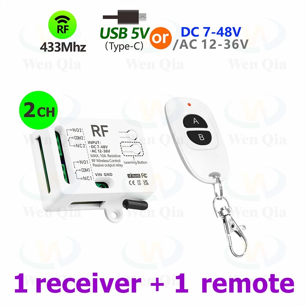 433MHz Wireless Remote Control Switch 2 CH DC 12V 24V 36V 48V Type-C 5V RF Relay Module for Light/Fan/Motor/Garage Door Opener