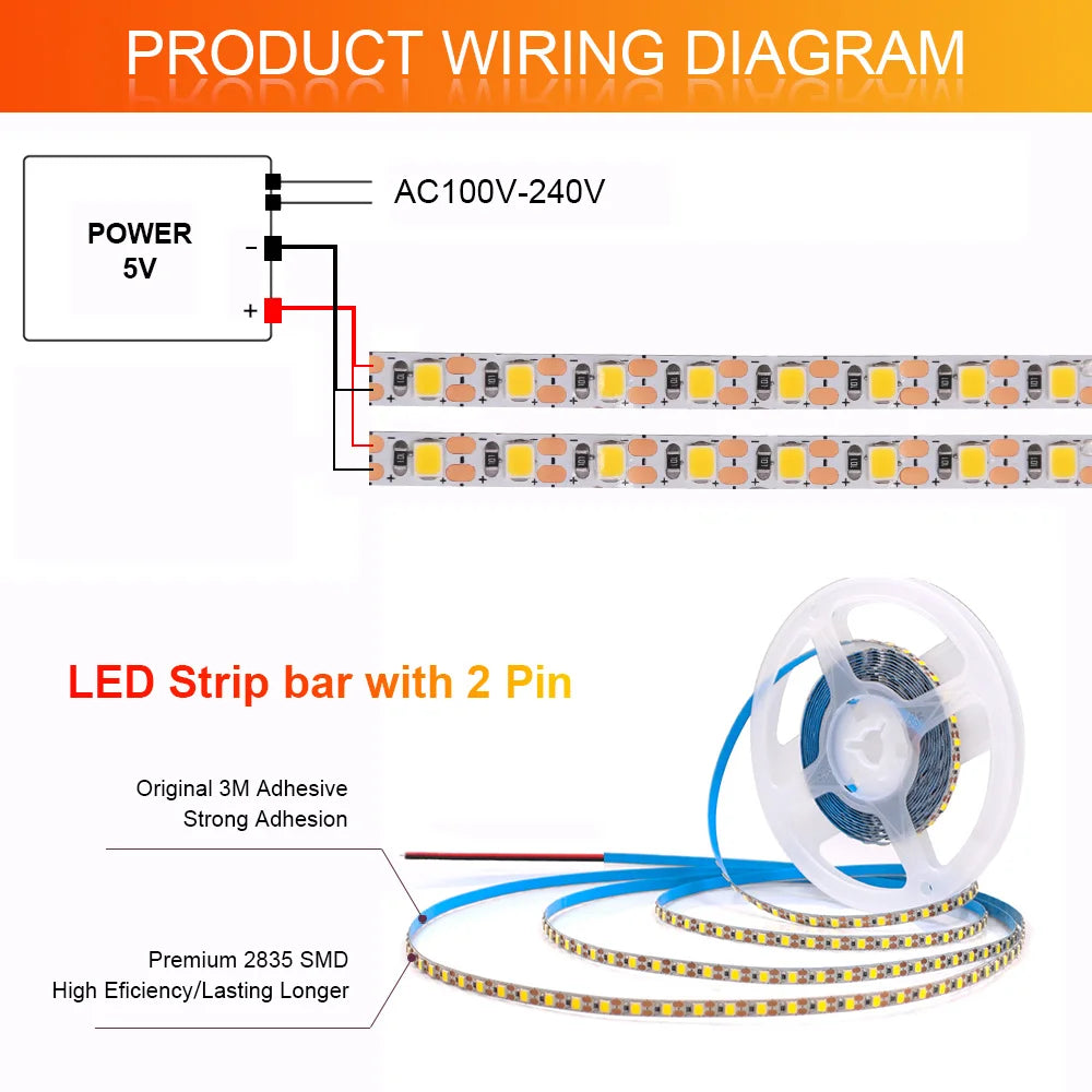 5V 2835 LED Strip Light Ultra Thin 3mm 5mm PCB 1 LED Cut 2835 120LEDs/m 8mm Flexible Tape IP21 Not Waterproof Warm Natural White