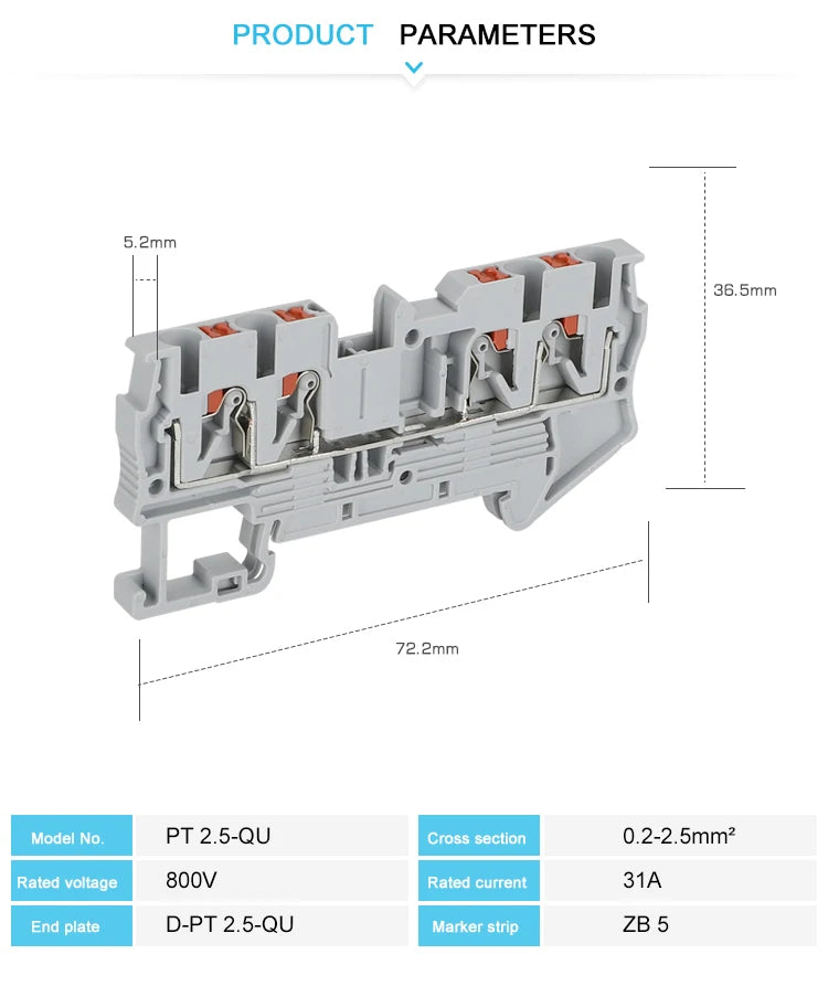 10Pcs PT2.5-QU Push-In Spring 4-Conductor Strip Plug PT 2.5 QUATTRO Wire Electrical Connector Din Rail Terminal Block PT 2.5-QU