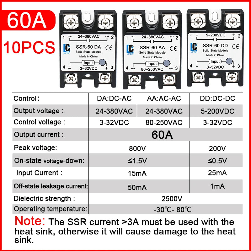 LCTC 10Pcs SSR 10A25A40A50A60a80A100a Solid State Relay DC to AC AC to AC DC to DC Single-phase Relay Zero-crossing Type