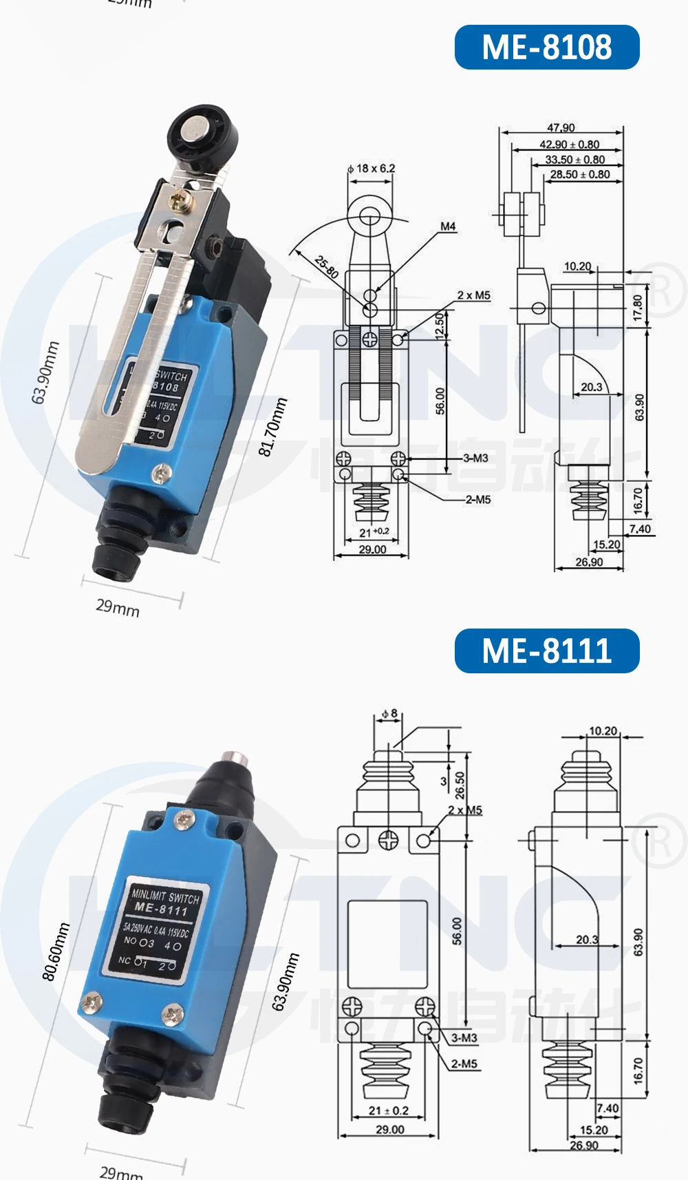 HLTNC 10PCS ME8108 250V 5A Momentary Roller Arm Type AC Mini Micro Limit Switch With 1NO 1NC For CNC Milling Laser Plasma Router
