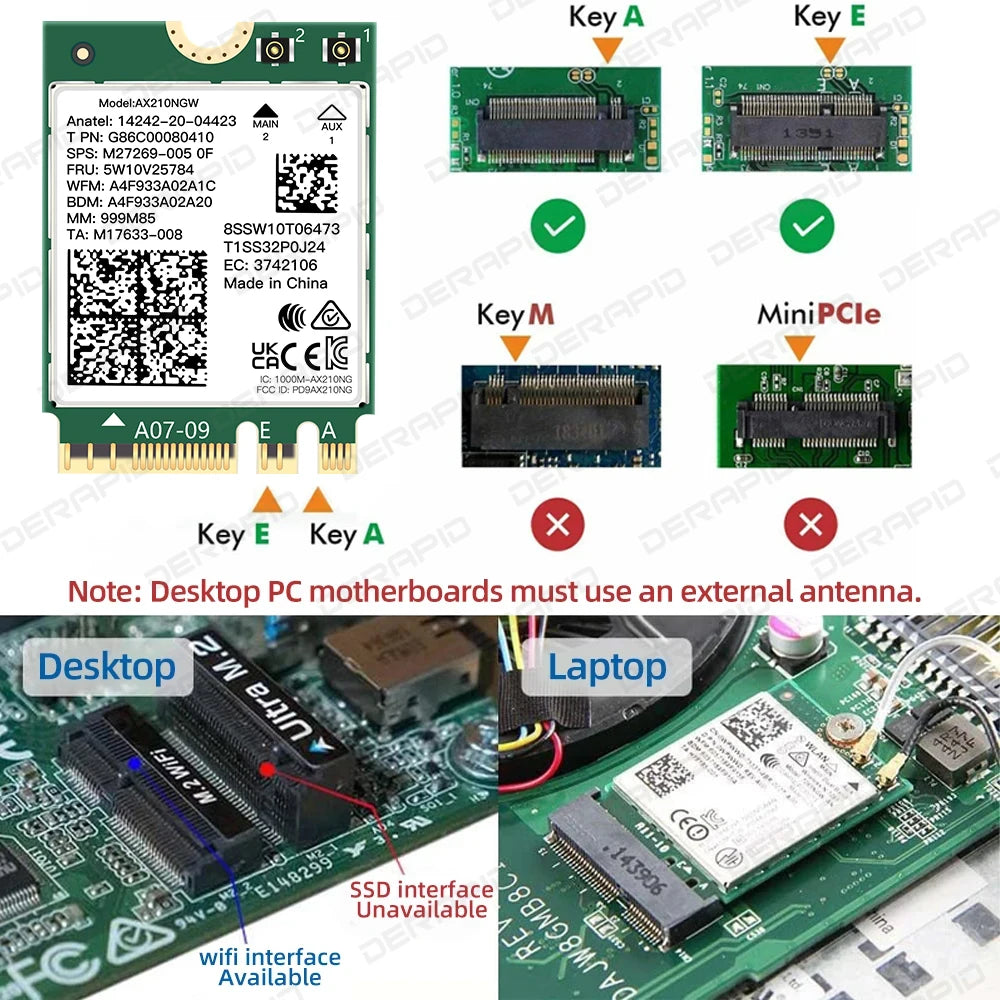 Tri Band WiFi6E AX210NGW 5400Mbps Bluetooth 5.4 802.11AX Wireless Wi-Fi 6E AX210 For Intel AX210NGW M.2 NGFF WiFi Card Win10/11