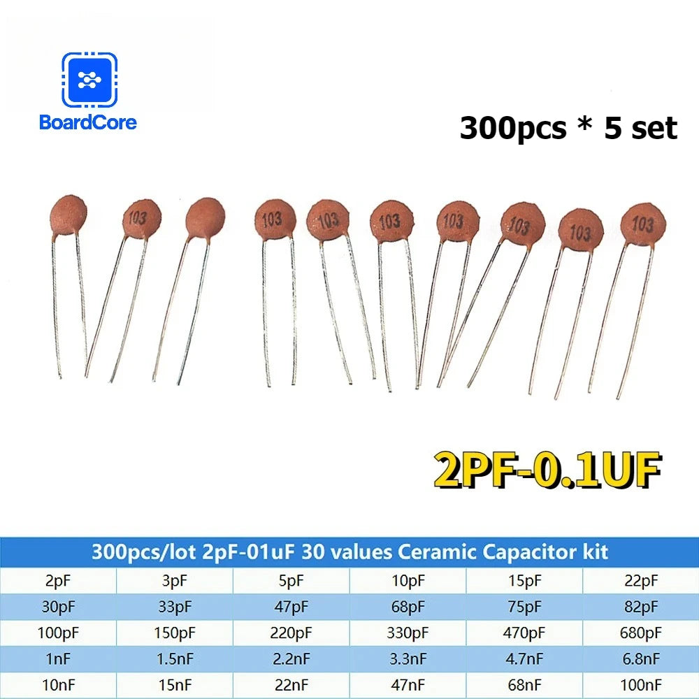 300pcs Ceramic Capacitor Kit 2PF-0.1UF 30Values*10pcs Capacitance Assorted Set DIY Sample Pack