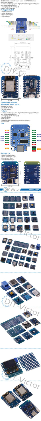 ESP8266 D1 Mini Pro V3.0 Wifi Development Board Nodeu WS2812 RGB DHT11 DHT22 AM2302 Relay DS18B20 BMP180 Motor For Wemos Diy Kit