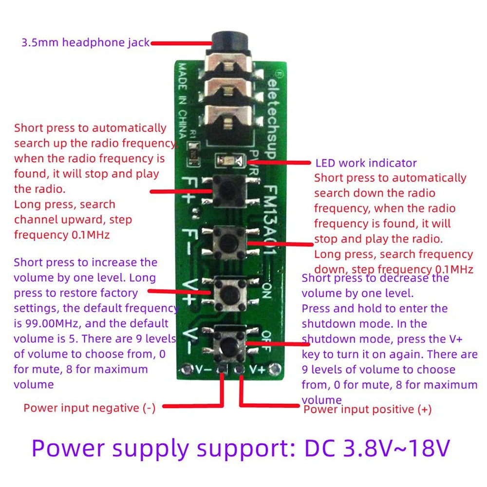 FM13A01 Two-channel Stereo VHF FM Radio Module FM Receiver Board 76MHz~108MHz DC 3.7V-18V