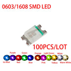 100pcs/LOT 0603/1608 SMD LED Diode Kit Red/Green/Blue/White/Yellow/Orange/Ice blue/Purple/Pink/Light green/Warm white