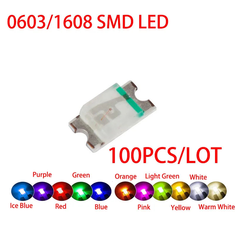 100pcs/LOT 0603/1608 SMD LED Diode Kit Red/Green/Blue/White/Yellow/Orange/Ice blue/Purple/Pink/Light green/Warm white