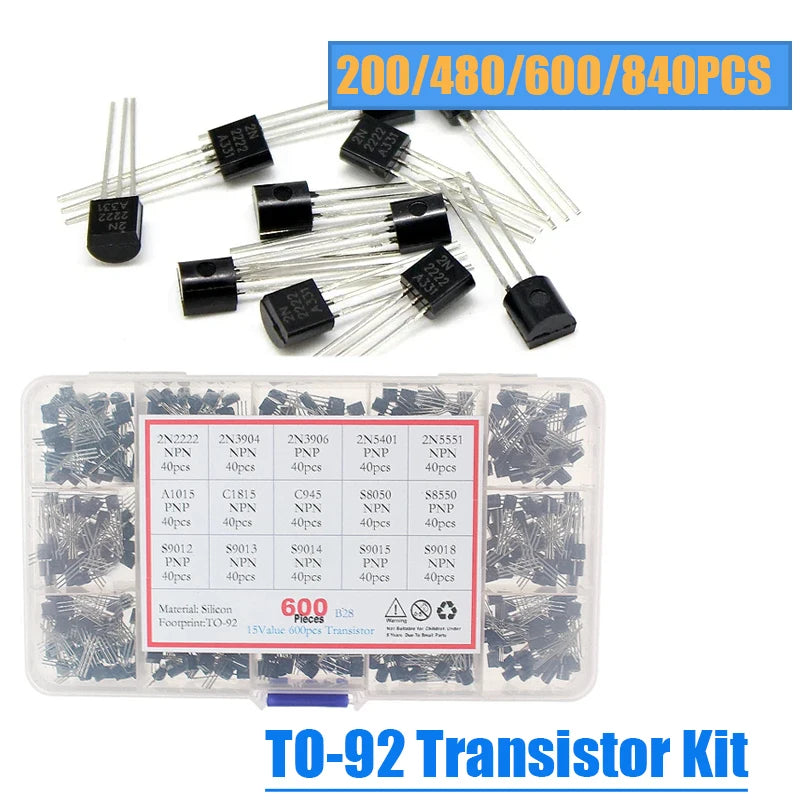 200/480/600/840PCS Transistor TO-92 Transistors Kit BC547 BC327 BC337 2N2222 3904 3906 C945 PNP/NPN Transistors with Box