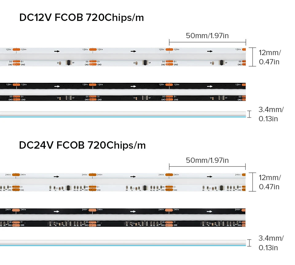 FCOB LED Light Strip Pixel Addressable 630 720 LEDs RGB Dream Full Color 12mm DC12V 24V WS2811 High Density Flexible COB Light