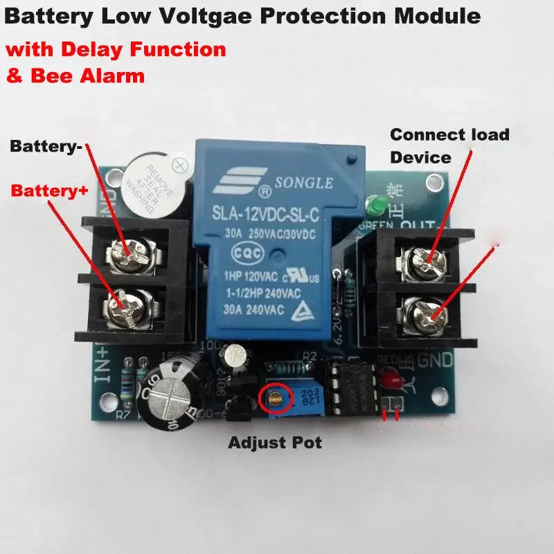 30A Relay 12V/24V Battery Low Voltage Turn Off Anti-over Discharge Controller Protection Delay Switch Alarm Module