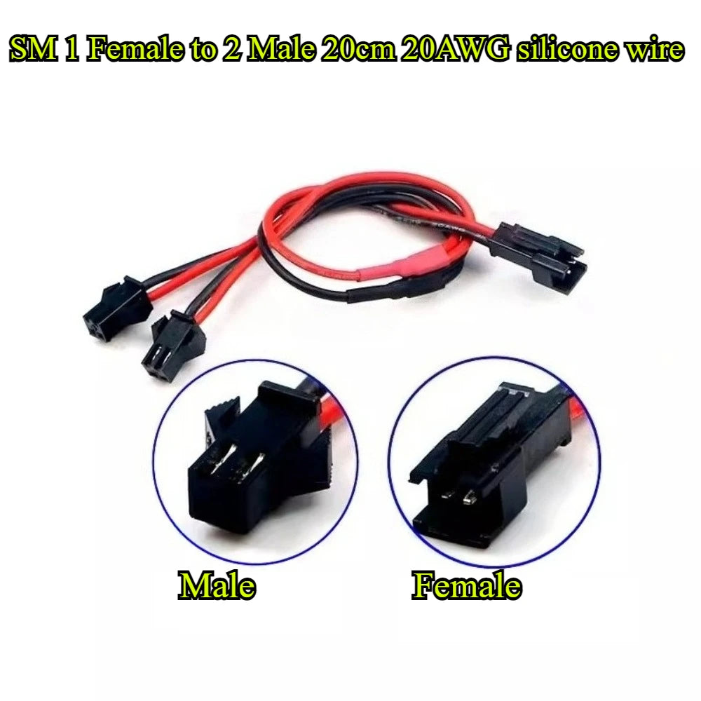 2Pin LED Y Splitter Connector JST SM 1 Male/Female to 2 Female/Male Wire Cable 20AWG For WS2812 WS2811 SK6812 RGB RGBW Led Strip