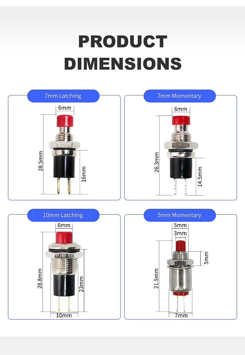 5mm 7mm 10mm Mini Push Button Switch Latching Self Reset Red High Head Small Buttons Switches 2 pins 1NO 1NC 3A/125V 1A/250V