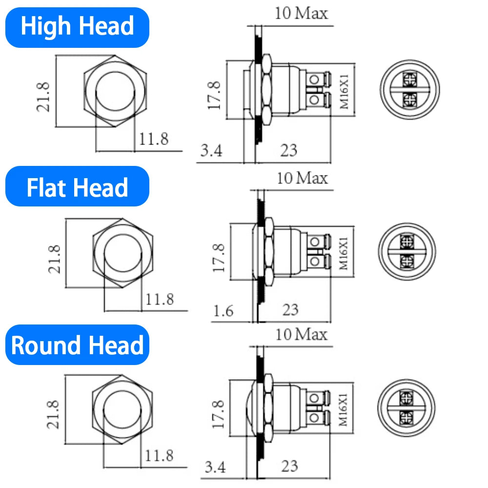 16/19mm 1NO 1NC Flat Head Waterproof Momentary Reset Metal Push Button Switch Screw Terminal Car Engine Doorbell PC Power Switch