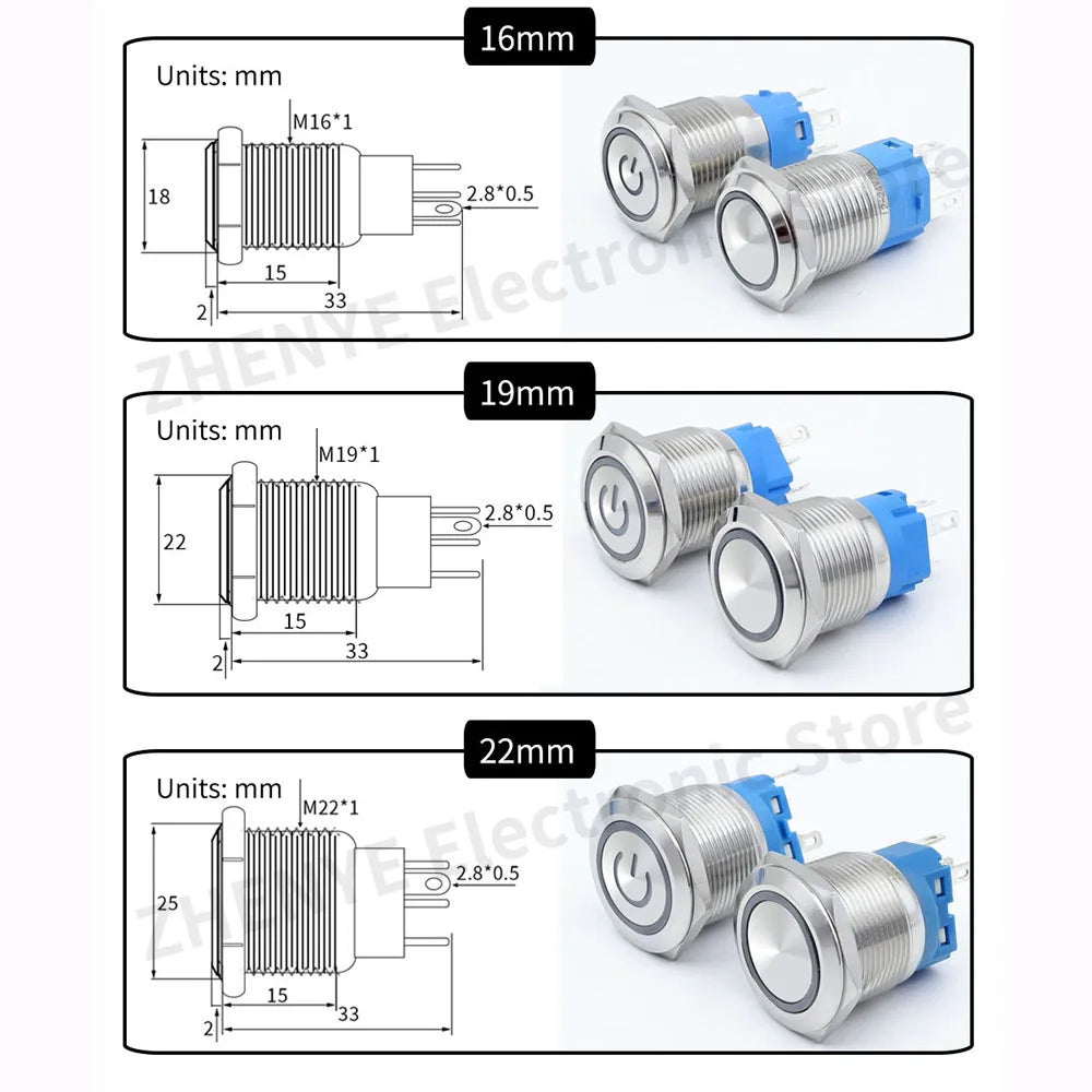 12mm 16mm 19mm 22mm Metal Switch Button Push With Wire Waterproof On Off Momentary/Latching Led Light Start Stop 5V 12V 24V 220V