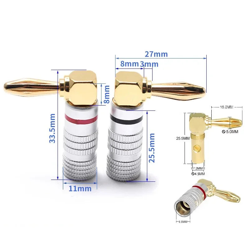 2PCS Banana Plug Audio Speaker Connector 90 Degree Straight Angle Plug Audio Jack Gold Plated Speaker Terminals Adapters