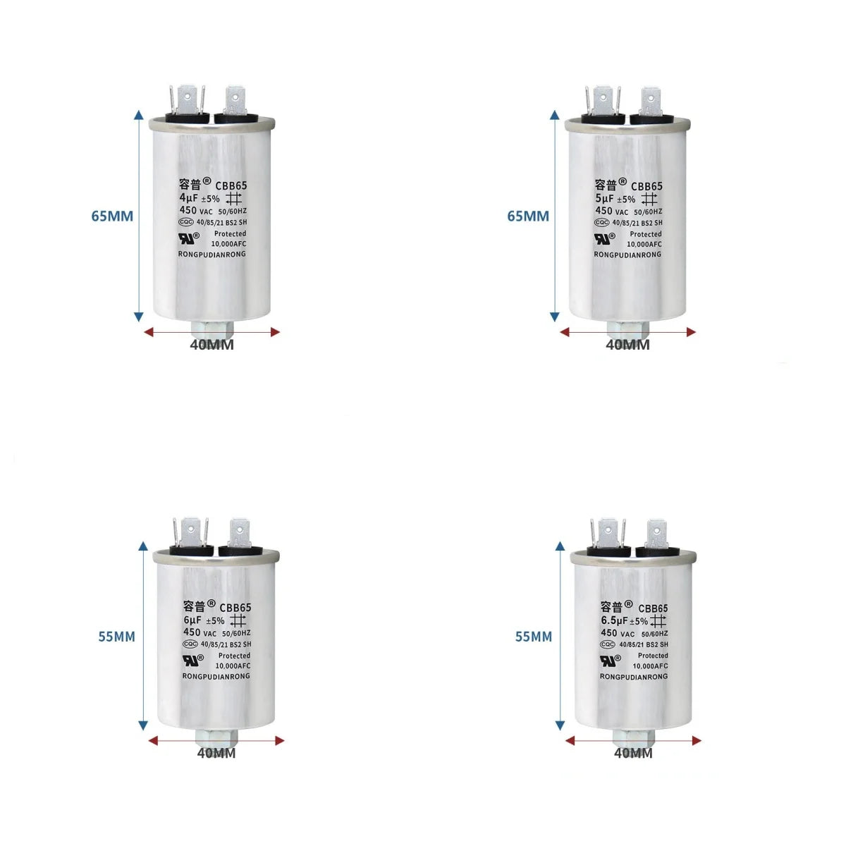 CBB65 Air Conditioner Capacitor Bottom with Screw 5UF 10UF 15UF 20UF 25UF 30UF 35UF 40UF 50UF 60UF 70UF 80UF 100UF 450V Screw