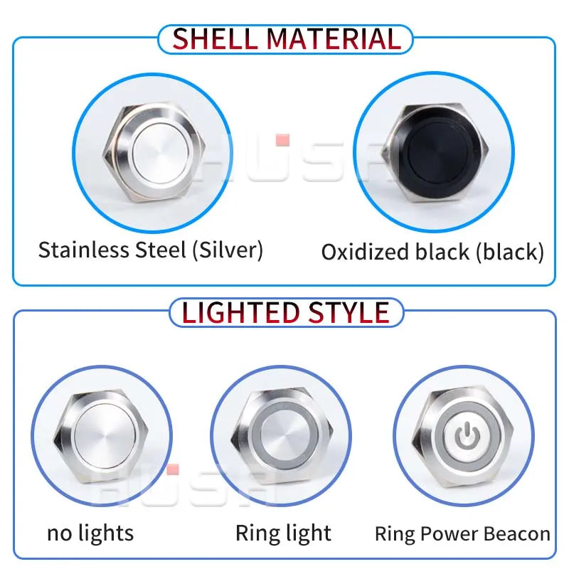 12/16/19/22/25/30mm Short Stroke Mini Waterproof Metal Push Button Switch Power Led Light Momentary 5/12/24/220V Black 1NO