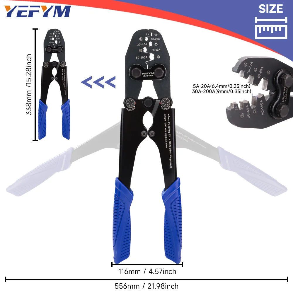 Heavy Duty Battery Lug Crimper YEJ-5100A for 5A-100A(AWG 13-3) OT Open Barrel Terminals, Automotive Wire Crimp Pliers