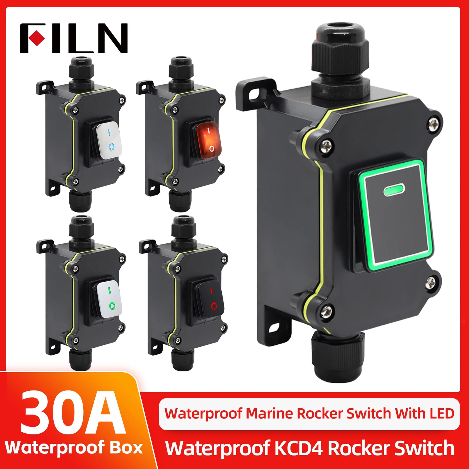 FILN 30A 12V 24V 220V Waterproof Inline Toggle Switch with LED IP65 Sealed Outdoor Box Inline Cord Rocker Switch Power