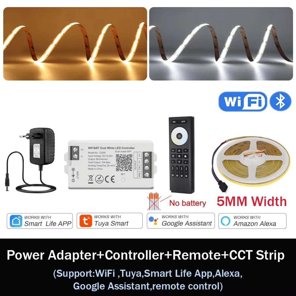 1-10M CCT 2700K-6500K Dimmable LED Strip 5mm 10mm COB LED Strip Light CCT Strip Tuya WiFi Controller Linear LED Tape With Dimmer