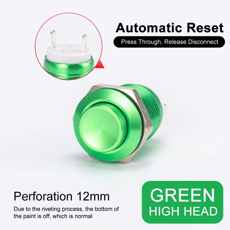 2pcs 12mm Metal Push Button Switch Oxidized Color Self Reset/Instant Reset Flat Head/Tall Head 2 Pin Waterproof Normally Open