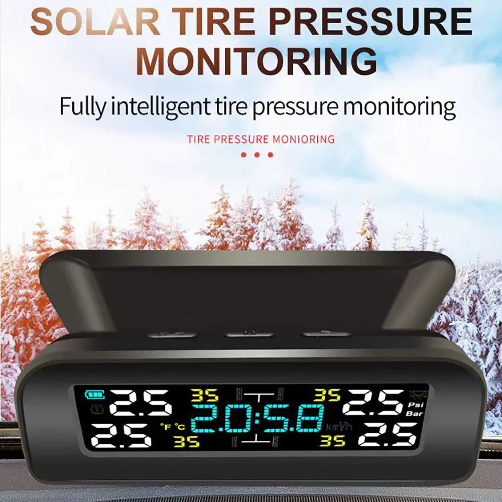 Solar Power TPMS Car Tire Pressure Monitoring System Alarm Tyre Air Pressure Meter Gauge Temperature Warning With 4 Sensors
