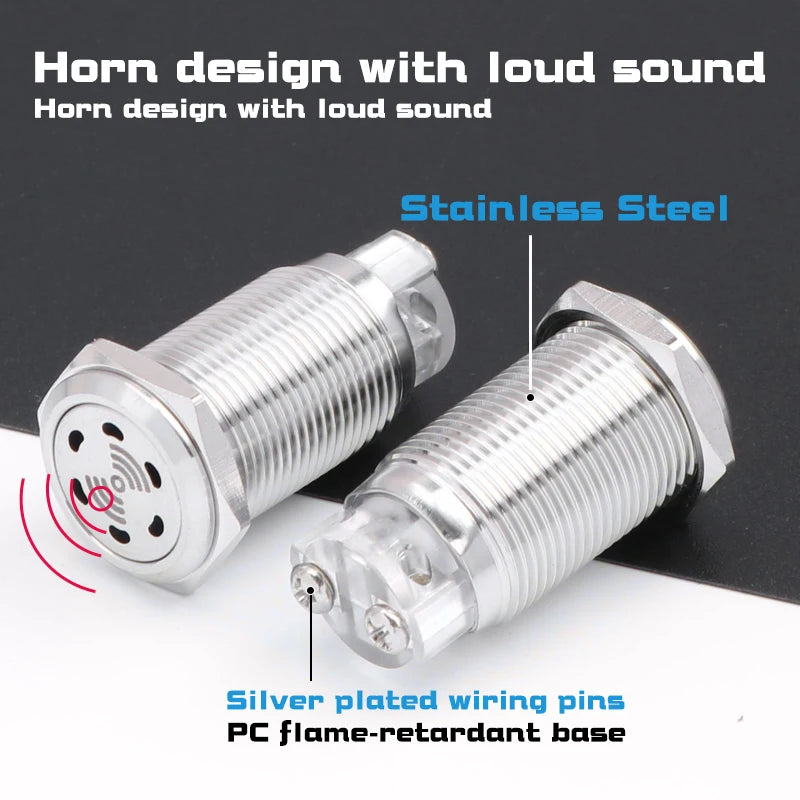 16mm Metal Buzzer Stainless Steel Waterproof High Decibel DB Sound And Light Alarm Intermittent Flash 12V 24V Red LED
