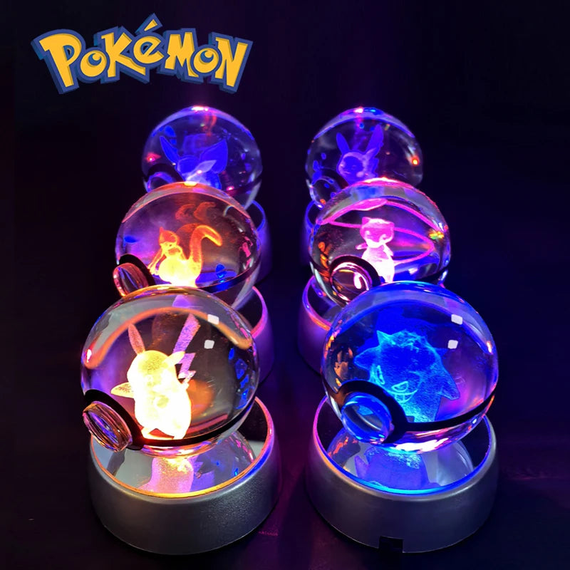 Pokemon Crystal Ball 3D Mewtwo Pikachu Gengar Pokeball 3D Night Light Lamp Glass Statue Pokemon Crystal Ball Birthday Gift