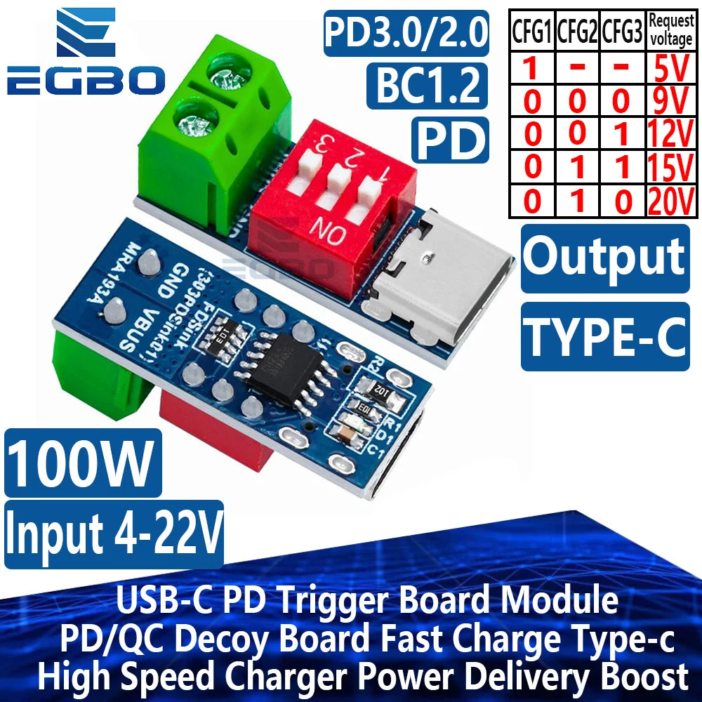 USB-C PD Trigger Board Module PD/QC Decoy Board Fast Charge USB Type-c to 12v High Speed Charger Power Delivery Boost Module