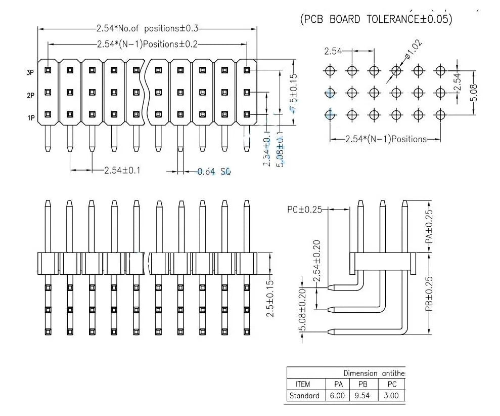 100pcs 2.54mm R/A Three Row Straight 90D Right Angle Gold-Plate Male Female Pin Header Connector 3*2/3/4/5/6/7/8/10/20/25/40Pin
