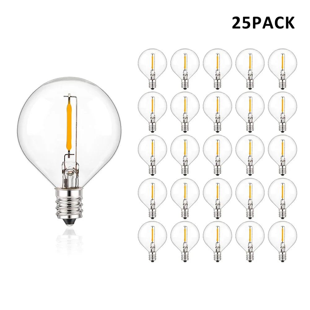 25PCS Vintage G40 LED Light Bulbs 1W E12 220V Warm White 2200K Clear Glass Equal 7W Incandescent String Light Replacement Bulb