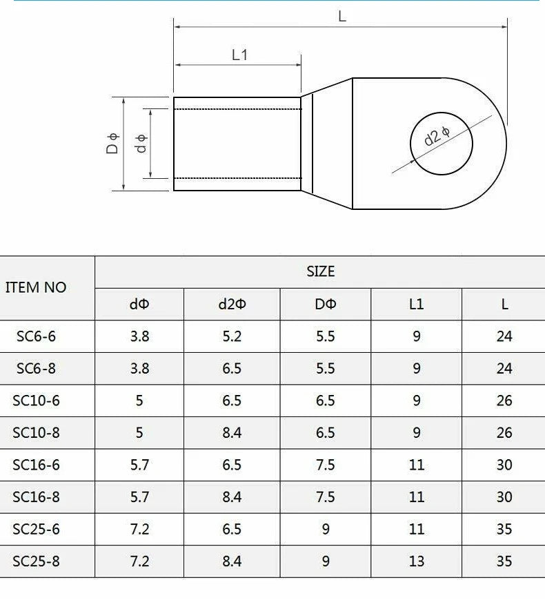 100pcs Copper Lug Ring Wire Connector Cable lug Electric lugs Terminal SC6-5 SC6-6 SC6-8 SC10-6 SC10-8 SC16-6 SC16-8 SC25-6