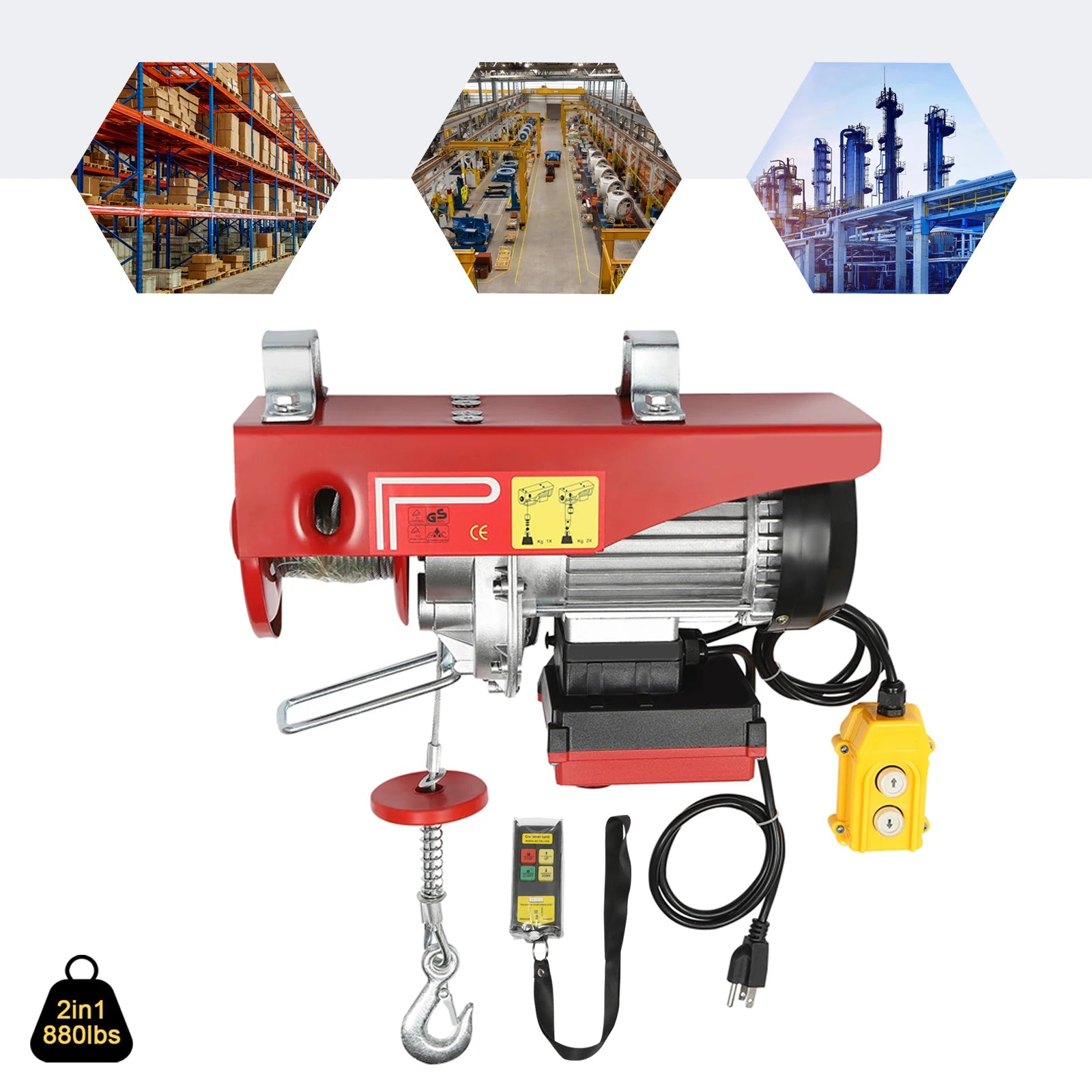 880LBS 110V Electric Winch, 2 in 1 Electric Hoist Winch with 328ft Wireless Remote Control Emergency Stop Heavy Duty Lift Hoist for Factory Garage Warehouse