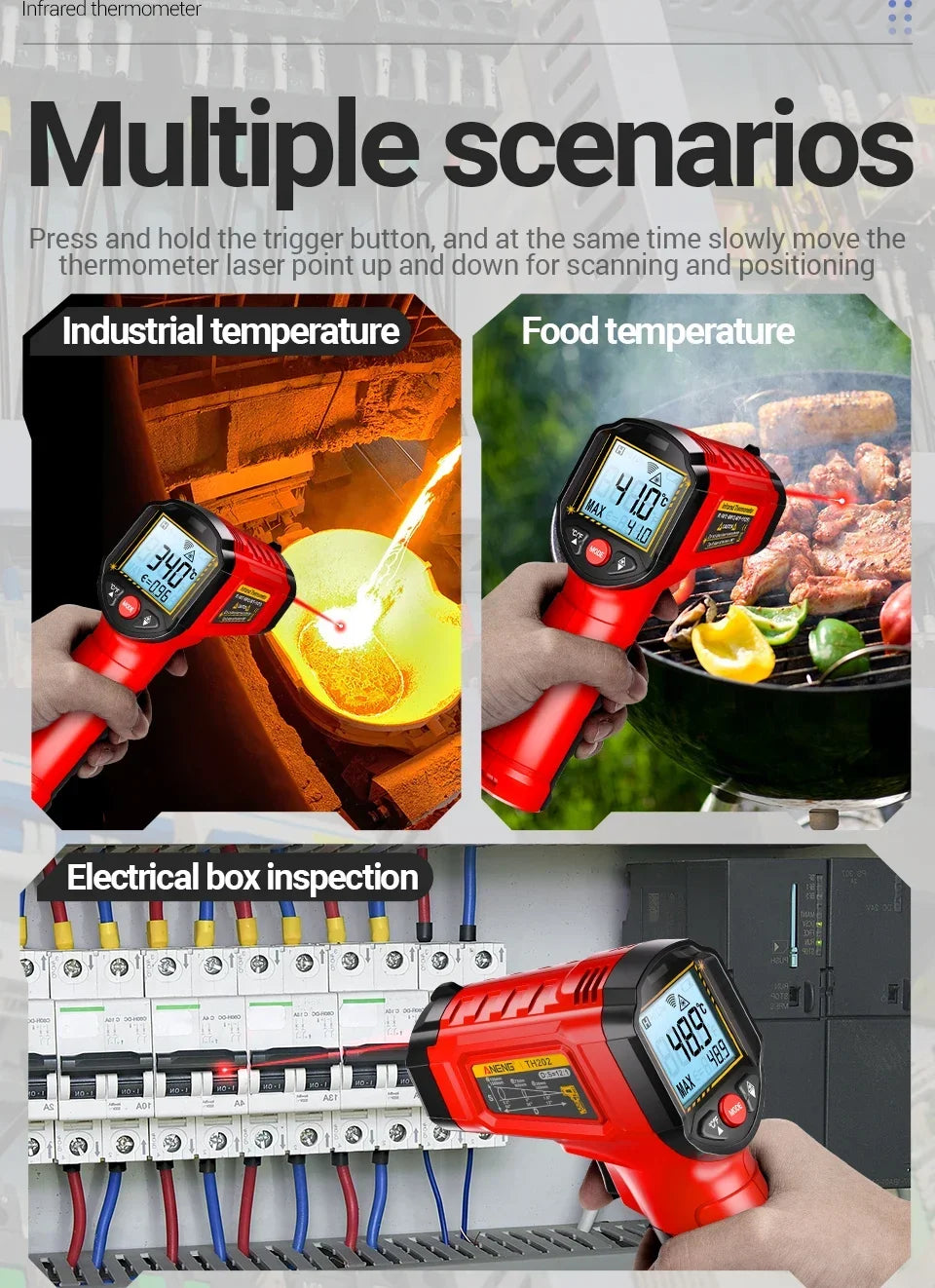 Infrared Thermometer ANENG Non-contact -50~600℃ Digital Laser Temperature Meter TH202 LCD Display Pyrometer Point Gun Tester