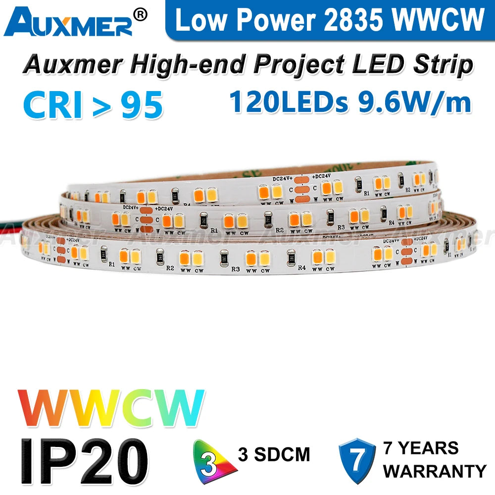 Auxmer 2835 WWCW LED Strip Lights,120LEDs/m 240LEDs/m,CRI＞95 Super Bright Flex LED DC12/24V,5m/reel,CCT 2400~6500K,IP20,3SDCM